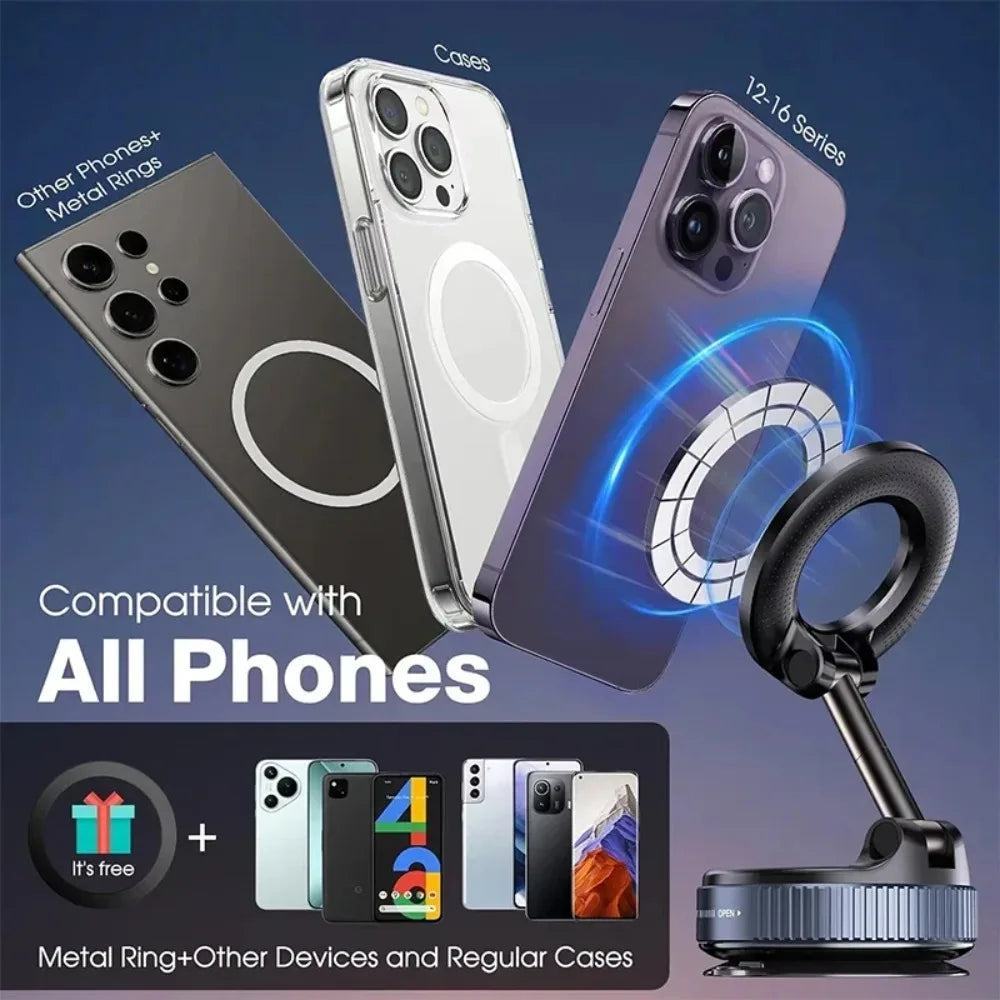 Stable Vacuum Car Phone Holder, 360° Swivel Magnetic Phone Mount for Car, Anti-Shake Dashboard Windshield Stand for GPS Navigation