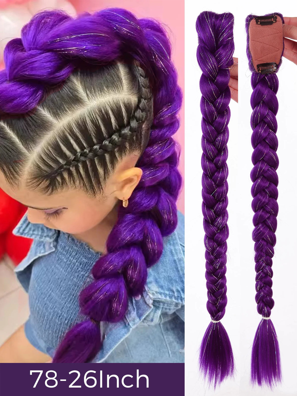 32inch Braided Purple Hair Ponytail with Tinsel Hair Wig Super Extensions Shiny Tinsel Hair for Kids Christmas Cosplay Rumi Hair