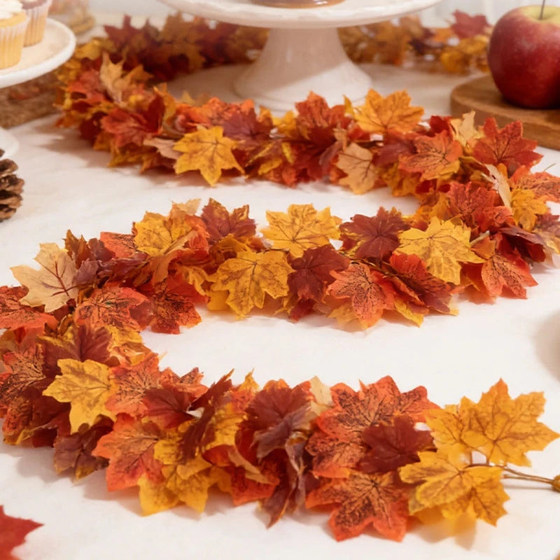 2M Artificial Maple Leaf Garland Fake Fallen Leaves Autumn Decor Rattan for Thanksgiving Halloween Festivals Wedding Xmas Decor