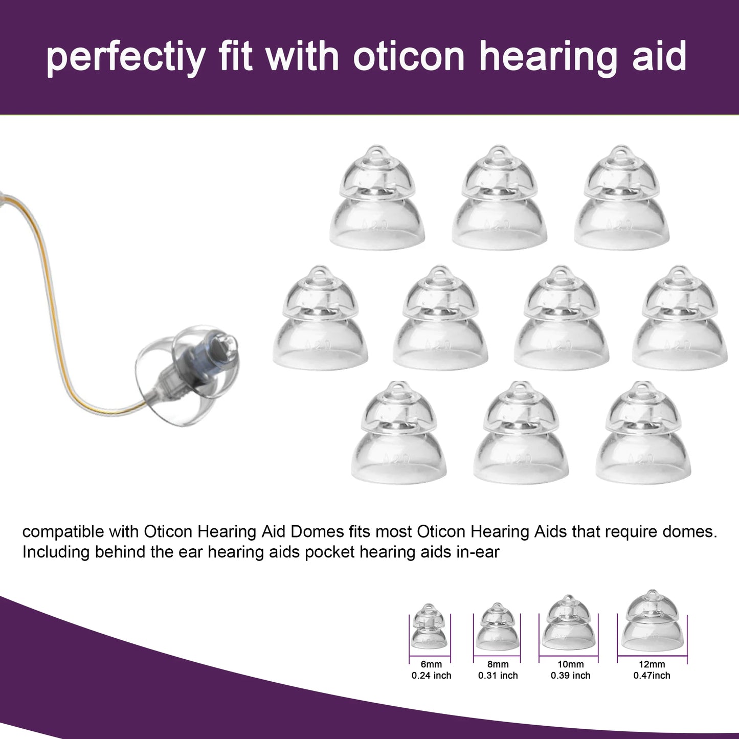 Hearing Aid Domes for Oticon Replacements MiniFit Power Domes 6mm/ 8mm/ 10mm/ 12mm for Oticon Hearing Aid Universal Domes -10pcs