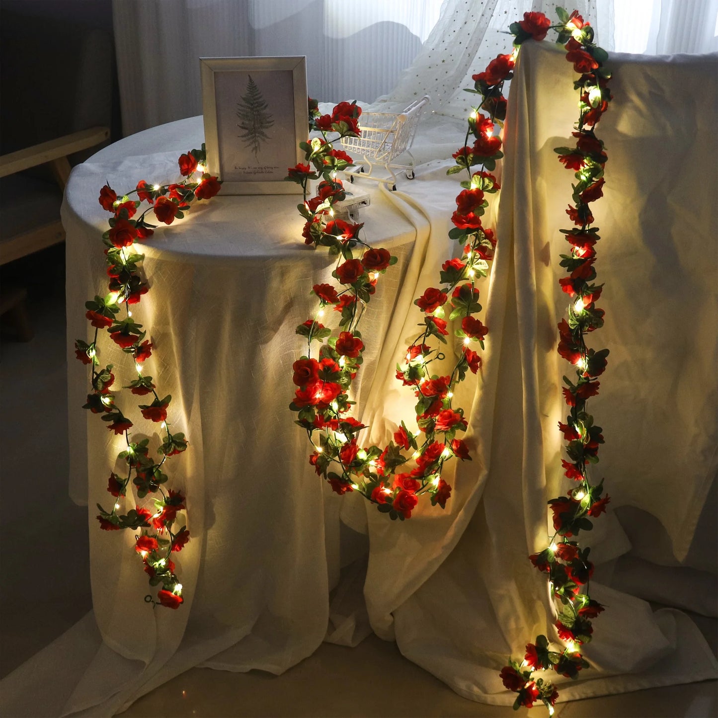 Rose LED Lights String Artificial Flowers Ivy Leaves Wedding Garland Home Room Decoration Arch Hanging Wall Garden Party Decor