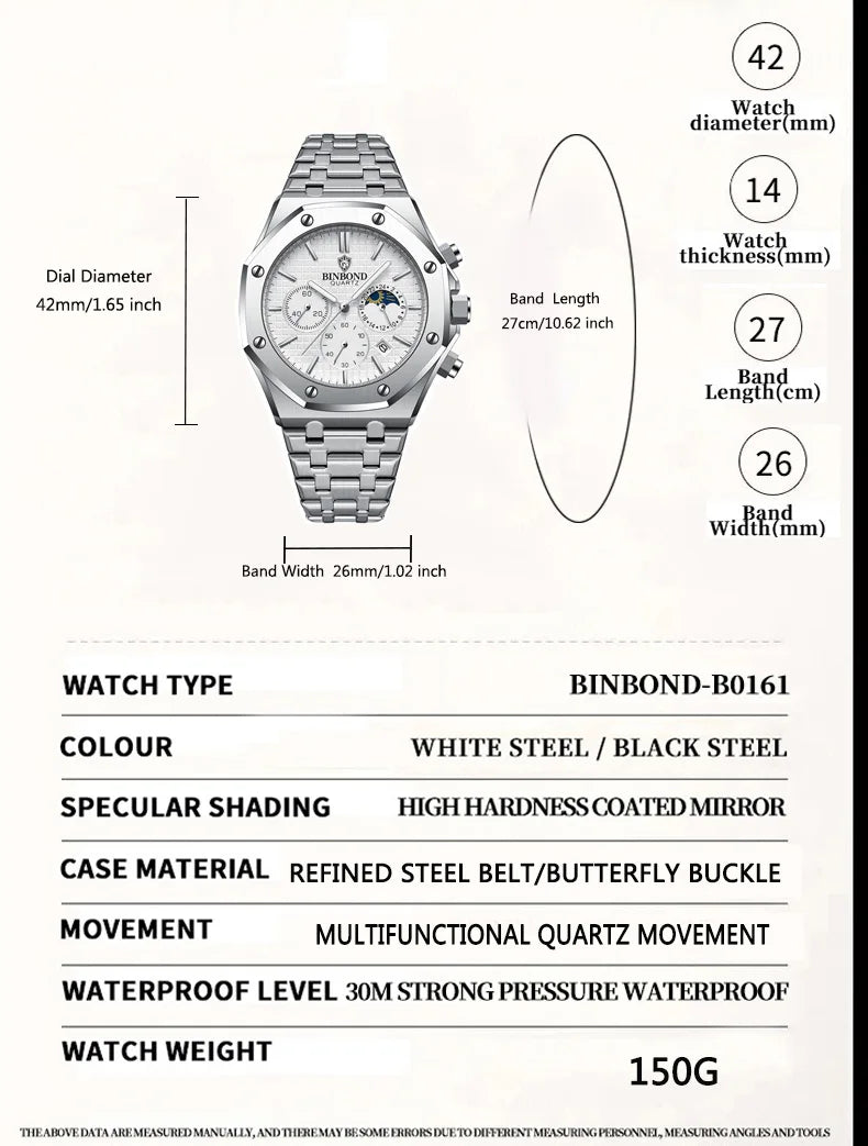 BINBOND Quality Men Watch Luxury High Man Quartz Wristwatch Waterproof Luminous Date Stainless Steel Men's Watches Casual Clock