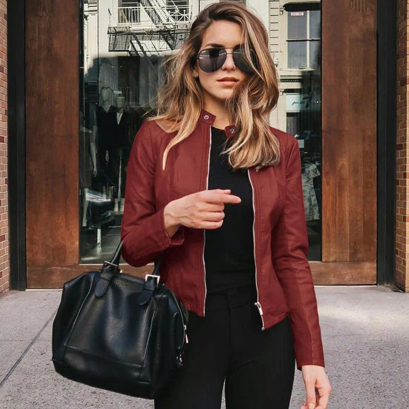 2025 Women Bike Coat PU Leather Outwear Zipper Outfit Autumn Winter Wome Fashion Short Thin Female Jacket
