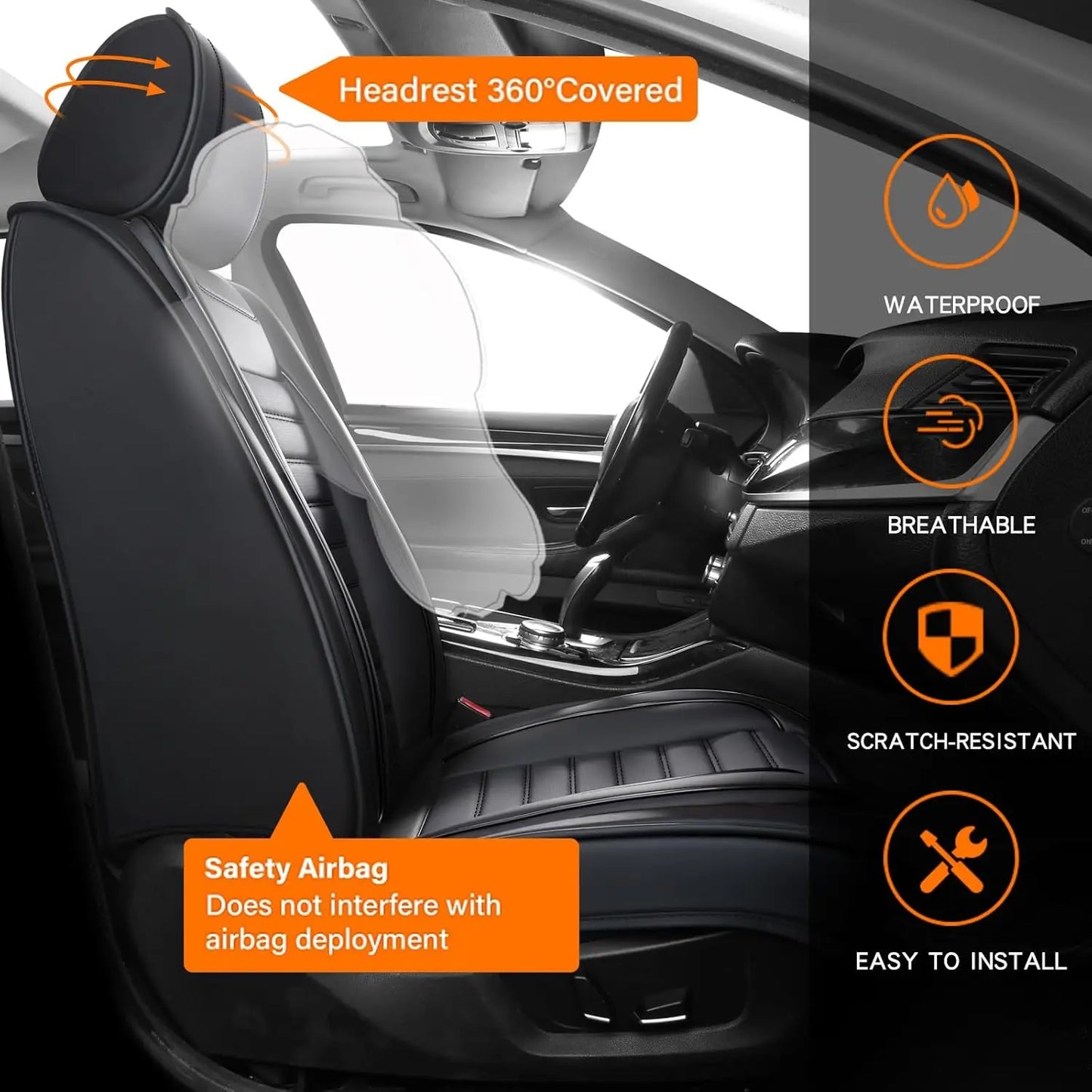 5pcs Full Set Car Seat Covers PU Leather Front Rear Seat Bench Protector Four Season Universal Fit Most Car Sedan SUV