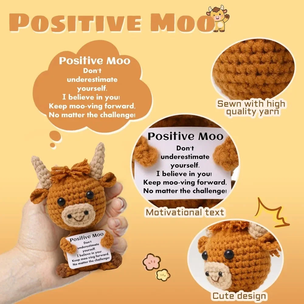 1 Pc Mini Highland Cow, Knitted Crochet Brown Emotional Support Keepsake Gift with Positive Card for Friends Keychain Pendant
