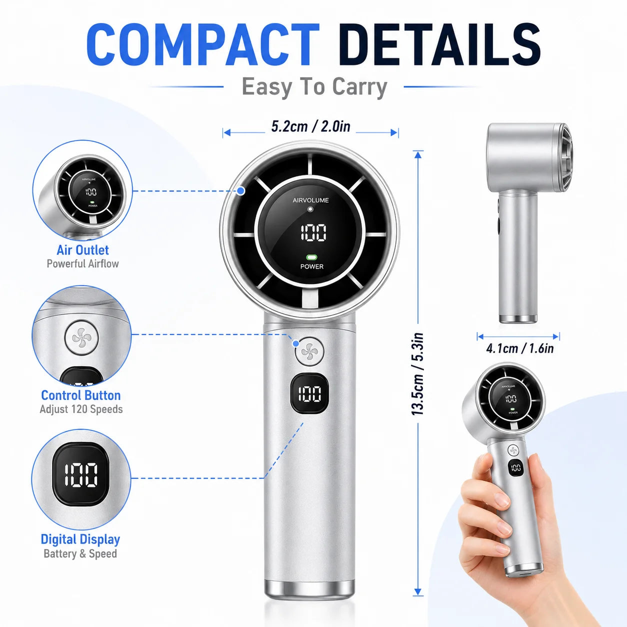 Mini Handheld Turbo Fan 2026 USB Rechargeable Portable Air Cooler LED Display Adjustable Quiet Travel Fan