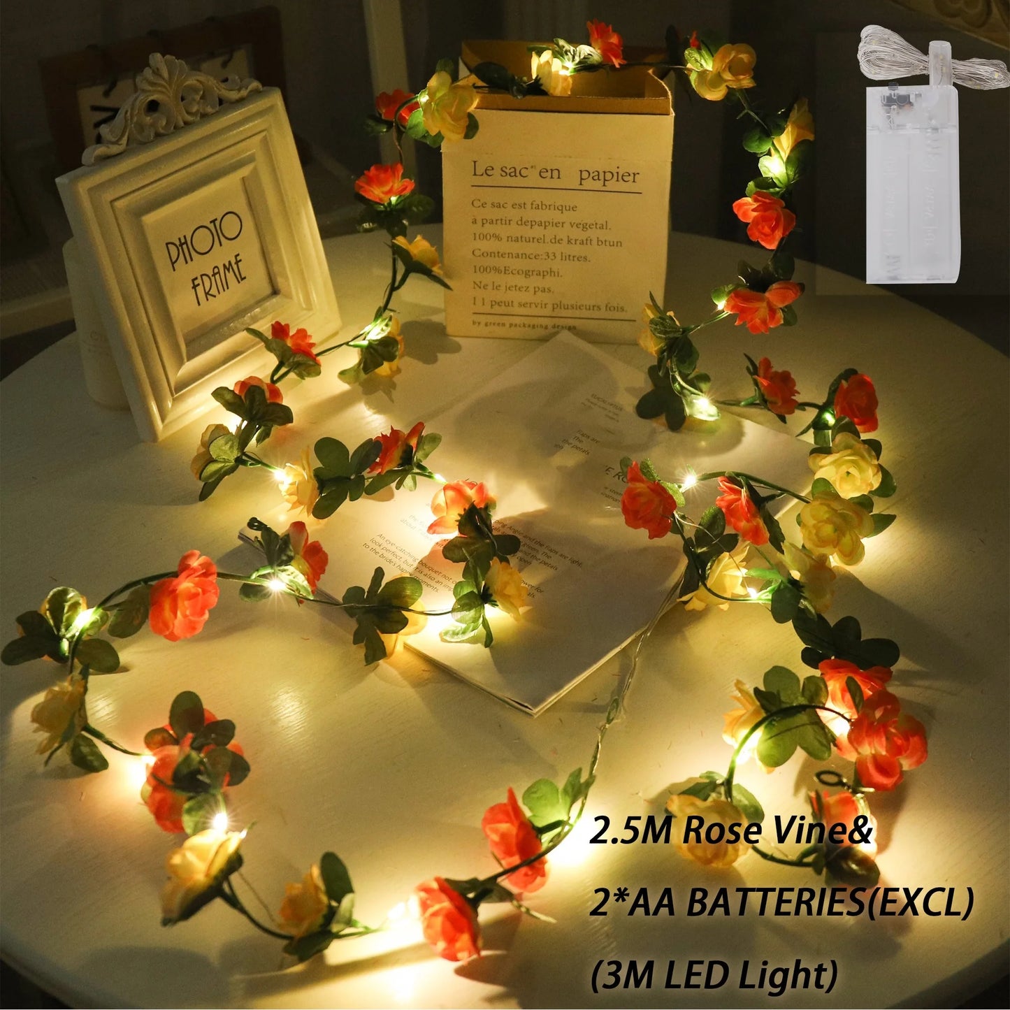 Rose LED Lights String Artificial Flowers Ivy Leaves Wedding Garland Home Room Decoration Arch Hanging Wall Garden Party Decor