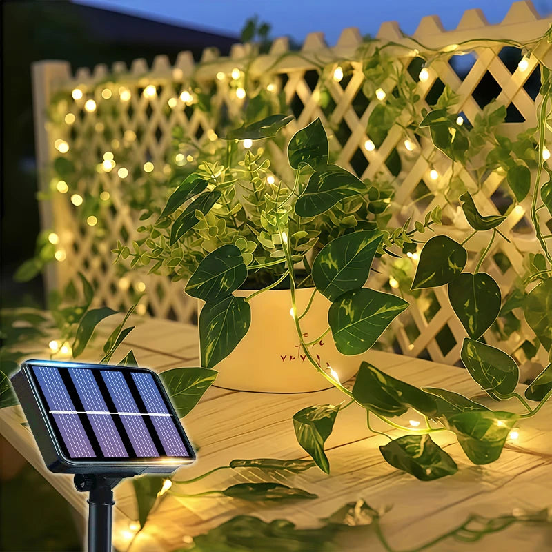 50/100LED Green Fairy Lights with Solar-Powered Artificial Ivy Leaves Featuring 8 Modes for Garden Wedding Christmas Decoration