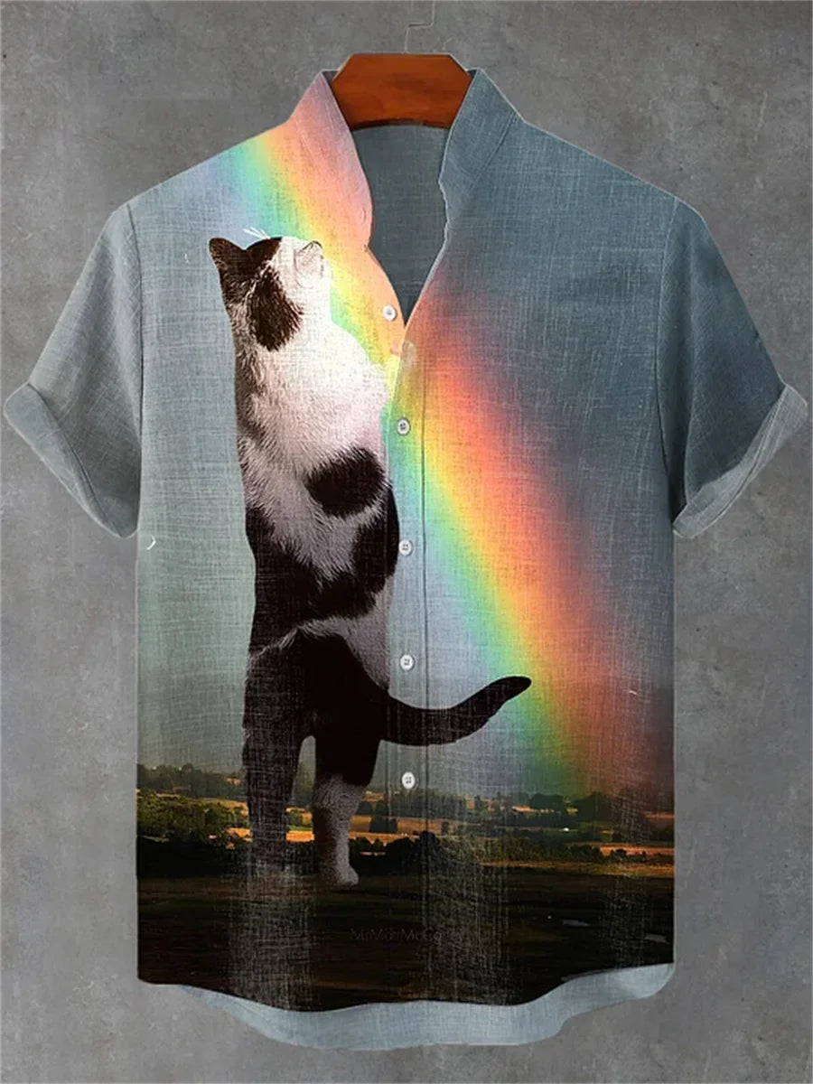 Men's short-sleeved shirt with a fun cat print, stand-up collar, single-breasted casual style. Hawaiian shirt, men's unique top.