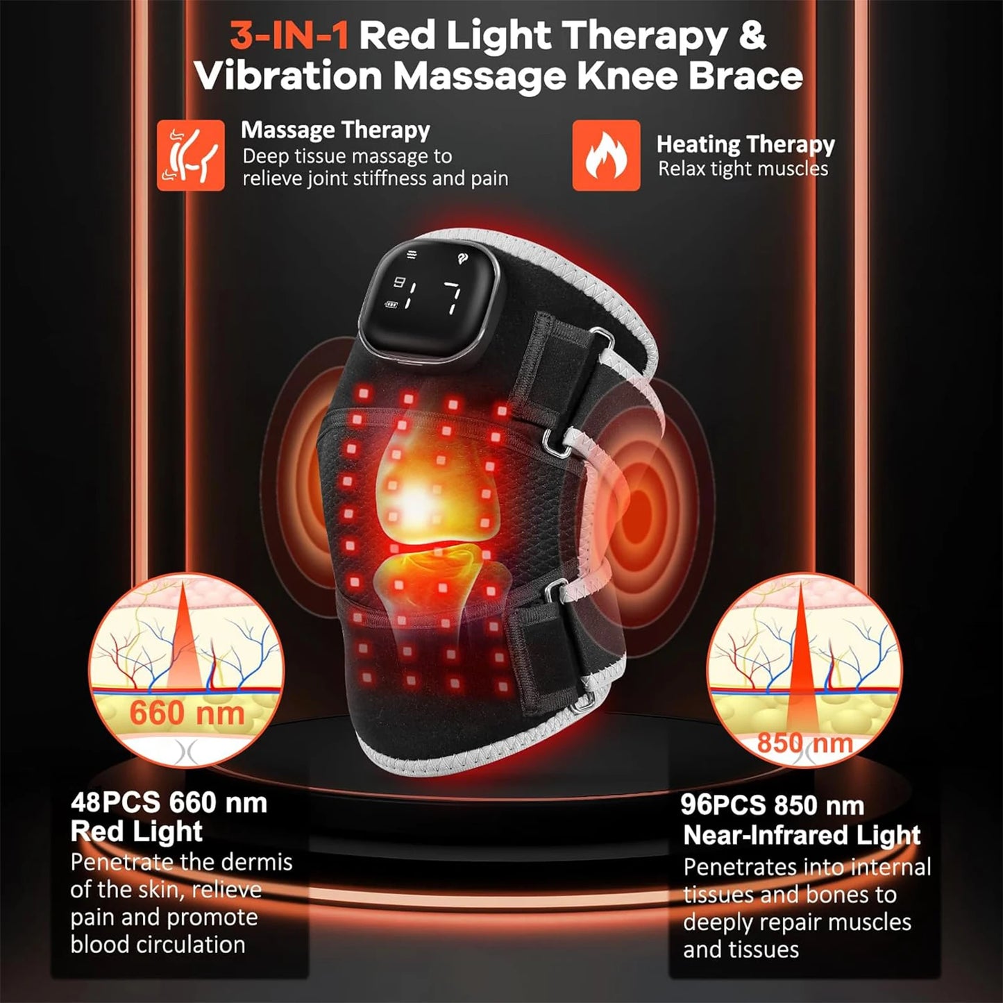 USB 3-IN-1 Red Light Therapy Brace 660nm 850nm Infrared Heating Vibration Massage Pad for Knee Shoulder Elbow Joint Pain Relief