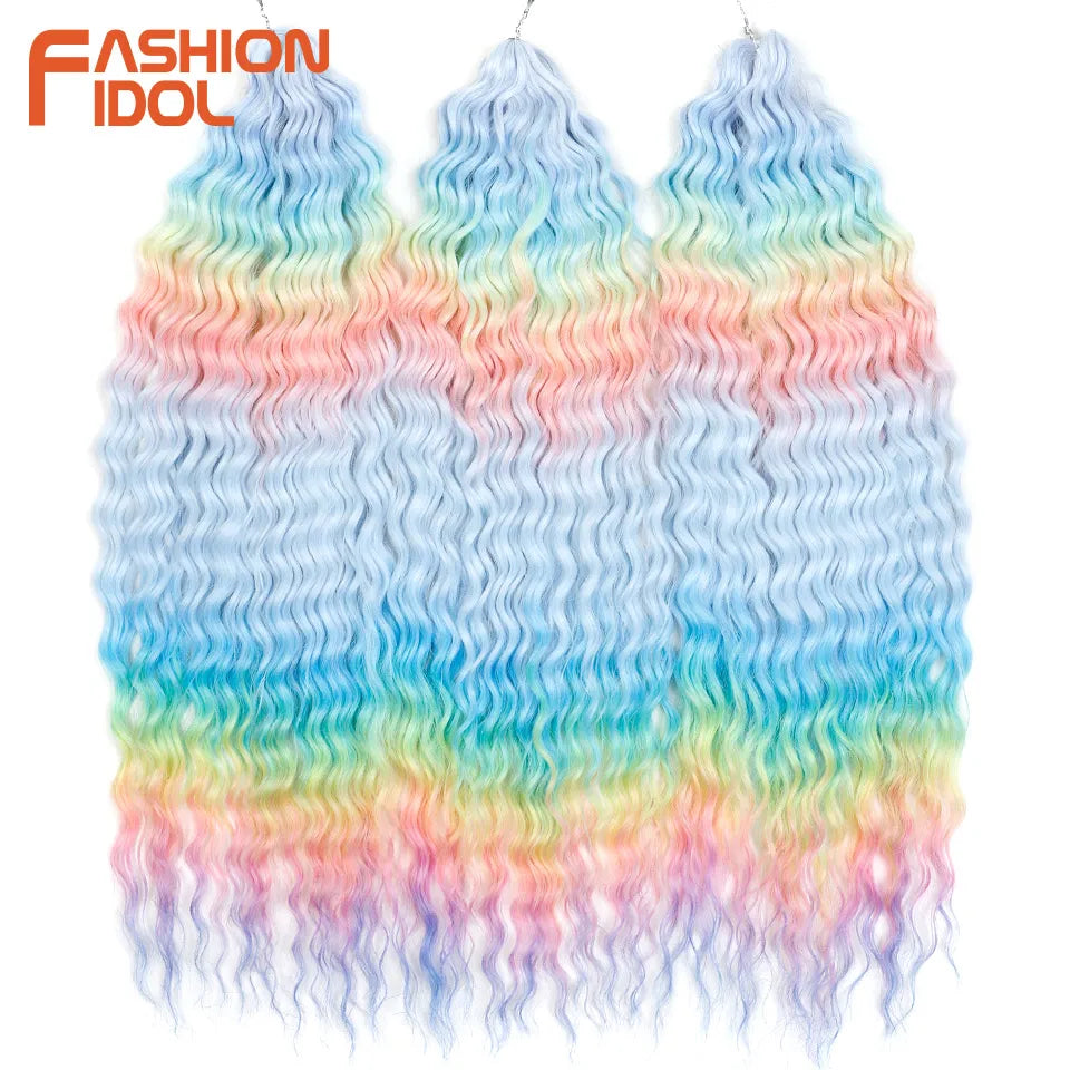 LOVE ME 22 Inch 300g/3pcs Ariel Curl Hair Water Wave Twist Crochet Hair Synthetic Ombre Rainbow Color Braiding Hair Extensions