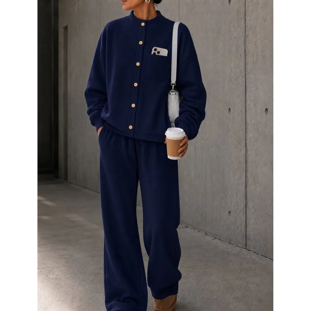 Autumn Women's Single-breasted Button-down Long-sleeved Cardigan Trousers 2-piece Set Casual Retro Wide-leg Trousers Female Suit