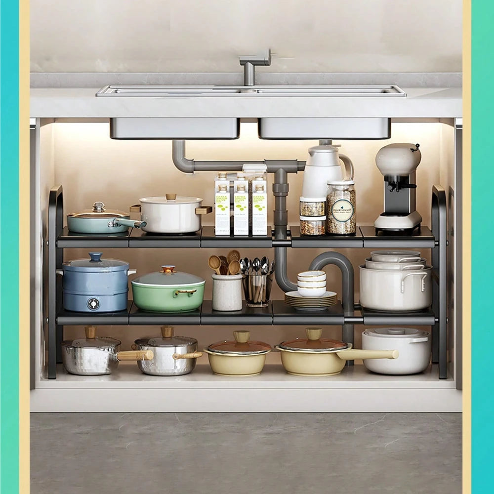 1pc Under Sink Organizer 2 Tier Expandable Kitchen Rack Shelf Black Metal Pot Pan Holder With Removable Panels Height Adjustable Cabinet Storage Shelves Rack For Kitchen Bathroom Counter Organization Gift
