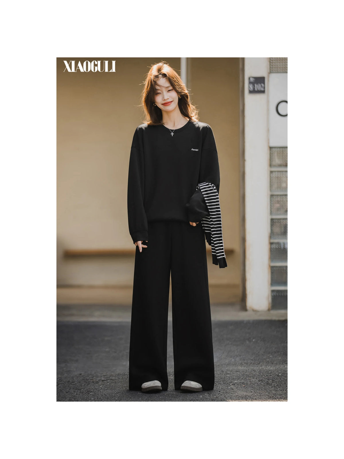XIAOGULI 2026 Autumn Women Black High Stretch Elastic High Waist Wide Leg Pants Loose Fit Black Casual Regular Petite 2 Types