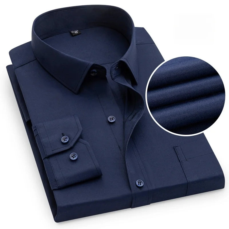 Men Formal Shirt Long Sleeve Office Solid Color Fashion Business Pocket Social Office Blue White Shirts Men's Clothing S-5XL