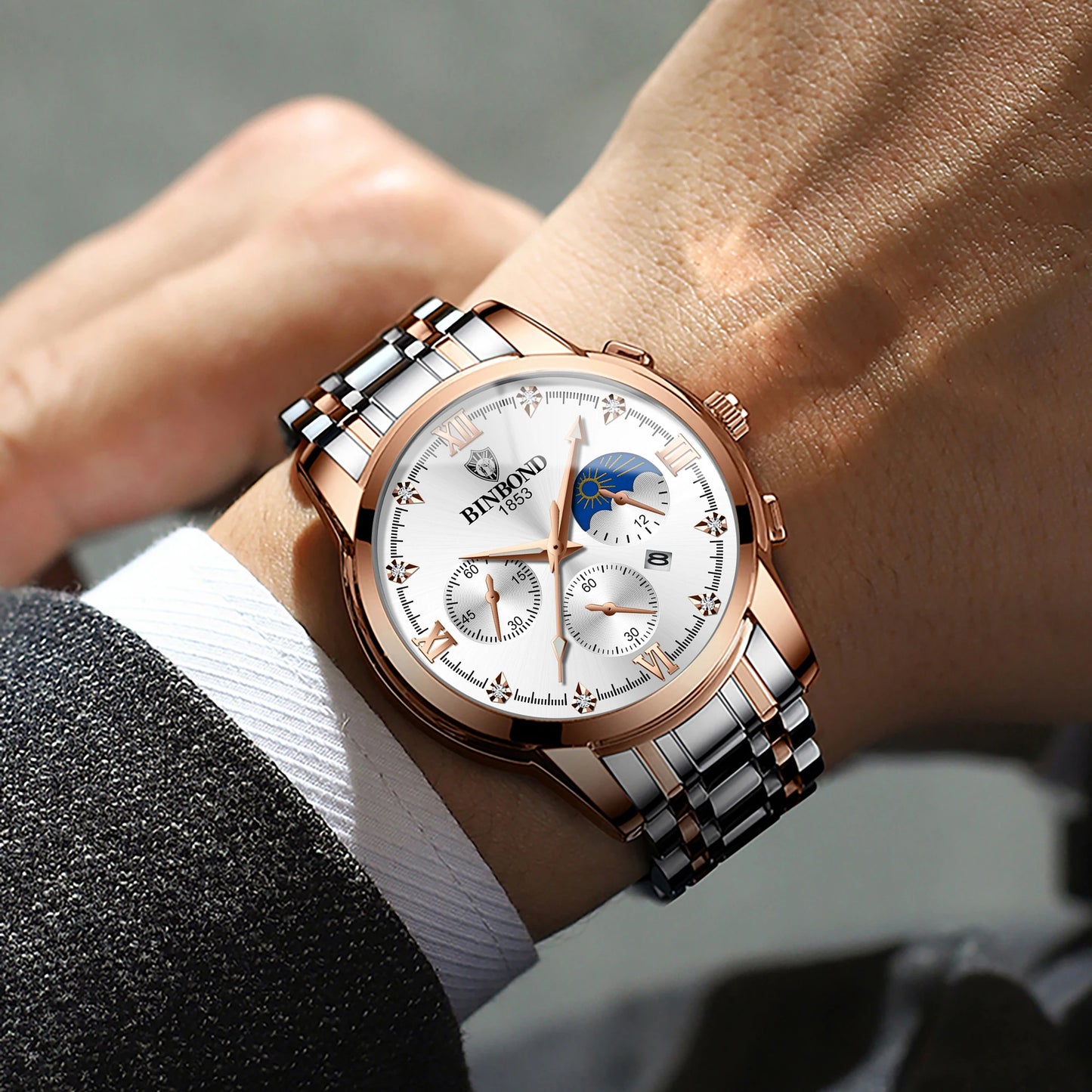 BINBOND Authentic Brand Precise Quartz Watches For Men Luxury Luminous Waterproof Sturdy Men's Watch Stainless Steel Reloj