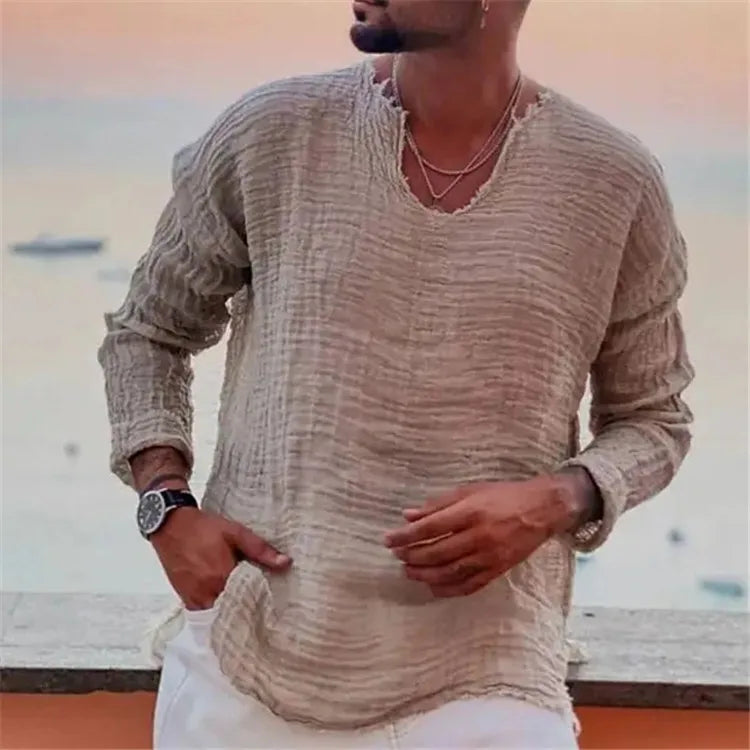 Spring and Summer Men's Viking Style Summer Shirts for Beach Wear Casual Shirts Pure Fake Cup-shaped Long Sleeved V-neck Tops