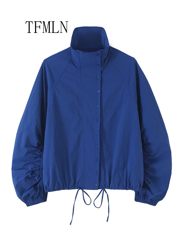 TFMLN Vintage Blue Single Breasted Jackets For Women 2026 Autumn New Chic Causal Folds Sleeve Stand Collar Coats High Street Top