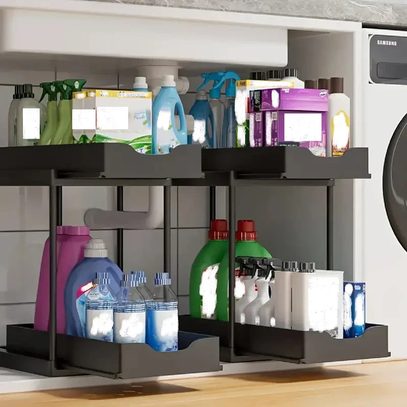2-Tier Sliding Pull Out Kitchen Storage Rack PP Drawer Organizer for Under Sink Cabinet Bathroom Countertop Space Saving Basket