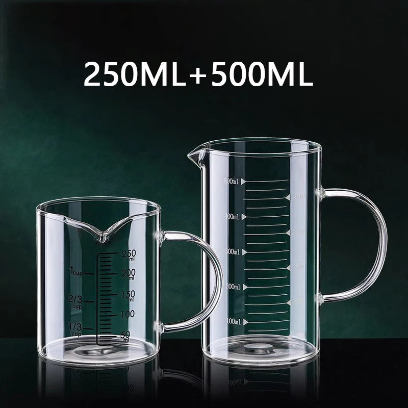 YWDL 1/2pcs Glass Measuring Cup With Handle Heat-resistant Laboratory Beaker Kitchen Milk Coffe Measuring Mug 250/350/500/1000ml