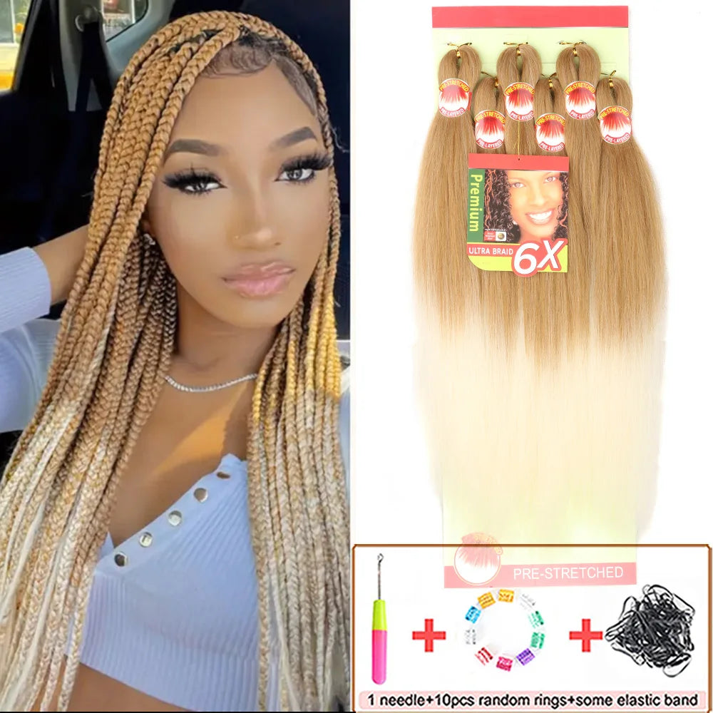6X Braids 26 Inch Braiding Hair Pre Stretched Blonde Ombre Braiding Hair Synthetic Fake Hair Extensions for Braids Women