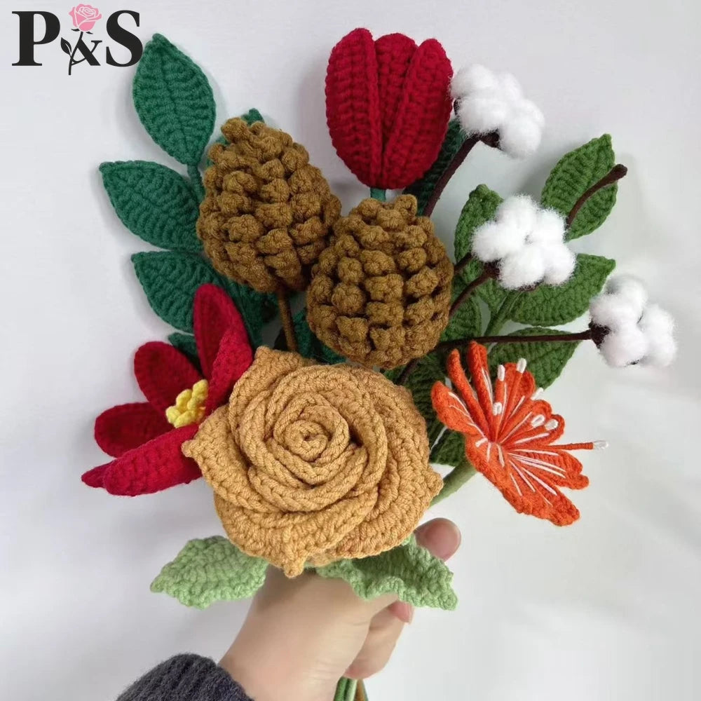 Christmas Crochet Flower Bouquet Decoration Handmade Cute Tulips Rose Pinecone Christmas Tree Home Decoration Artifical Flowers
