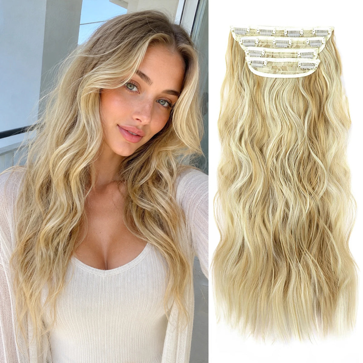 4Pcs/Set 20Inch Synthetic Hair Clip In Long Wavy Thick Hairpieces For Women Full Head Synthetic Hair Extensions Ombre Hairpieces