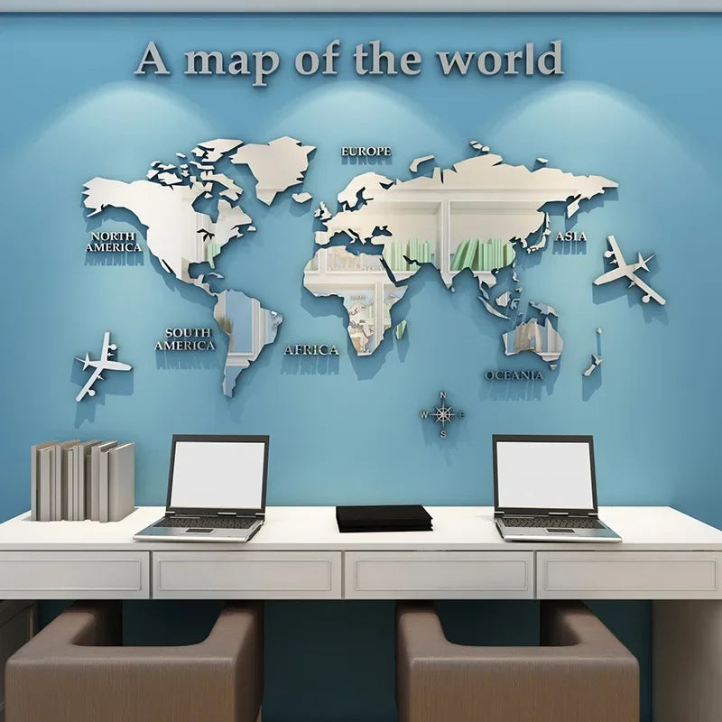 1Pc World Map Wall Stickers Acrylic Creative 3D TV backdrop Wallpaper Decoration Home Living Room Office Interior Decorative