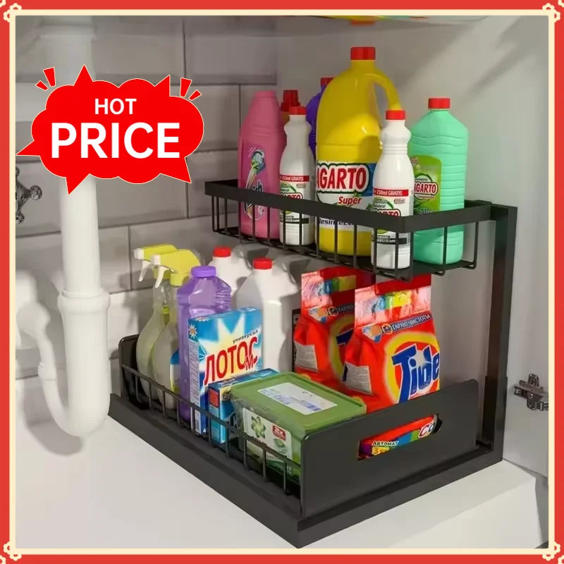 Household Pull Out Under Sink Shelf 2 Layer Sliding Storage Rack Practical Organizer For Kitchen Bathroom Cabinet