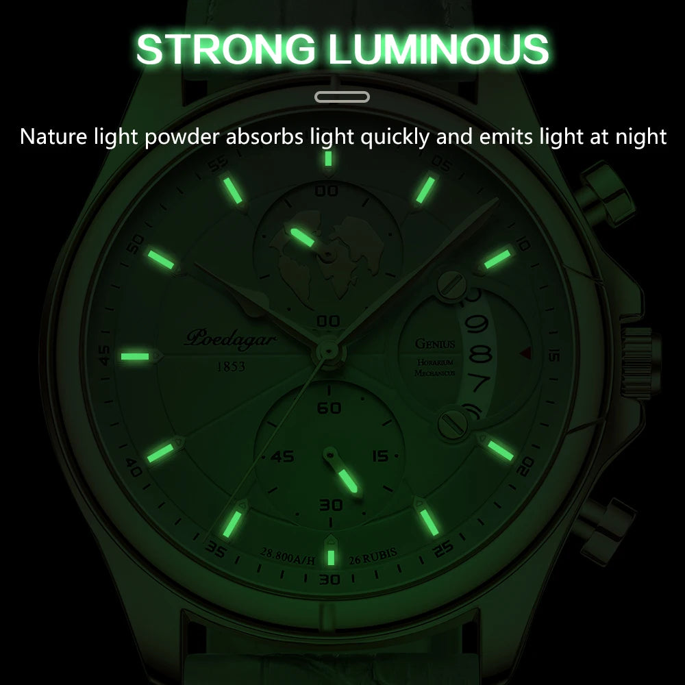 POEDAGAR Luxury Original Man Watch Chronograph Date Waterproof Men Wristwatch Leather Quartz Business Sports Men's Watches Reloj