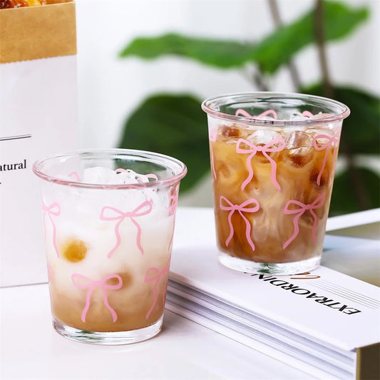 1/2pcs Glass Cup Pink Bow Glasses Bow Glass Coffee Cup Cute Glass Cup for Iced Coffee,Tea,Juice,Latte,Milk,Dessert Afternoon Tea