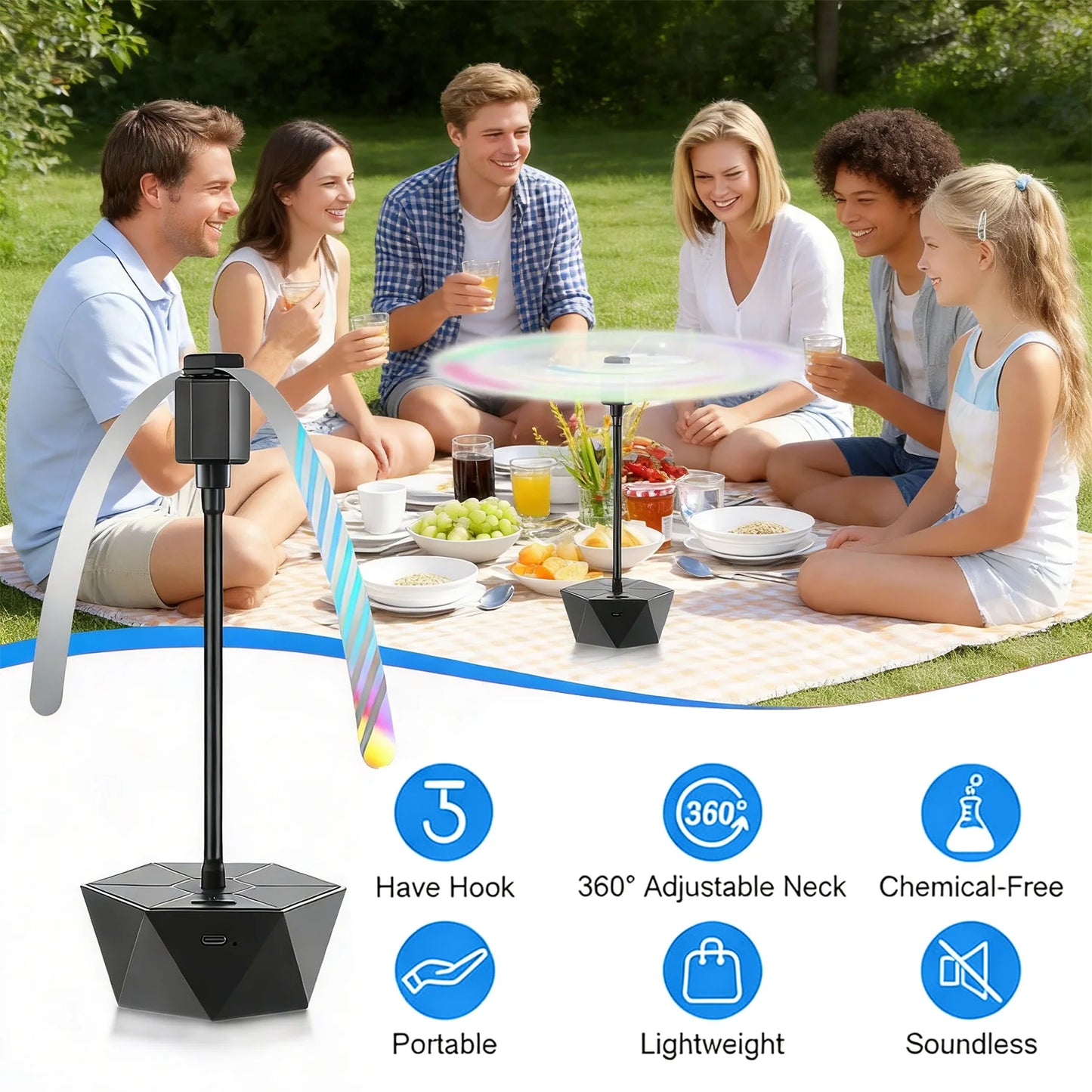 Rechargeable Fly Fan for Tables - Holographic Blades Keep Flies Away Indoors/Outdoors, Ideal for Picnic, Party & BBQ
