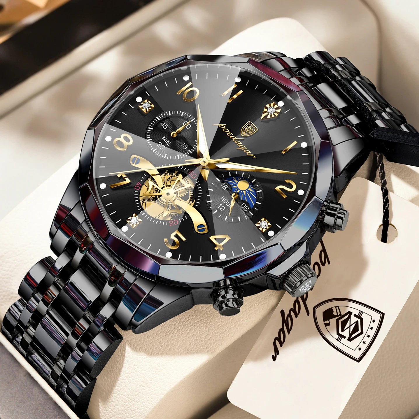 POEDAGAR Luxury High Quality Man Wristwatch Chronograph Stainless Steel Quartz Men's Watches Waterproof Luminous Men Clock Reloj