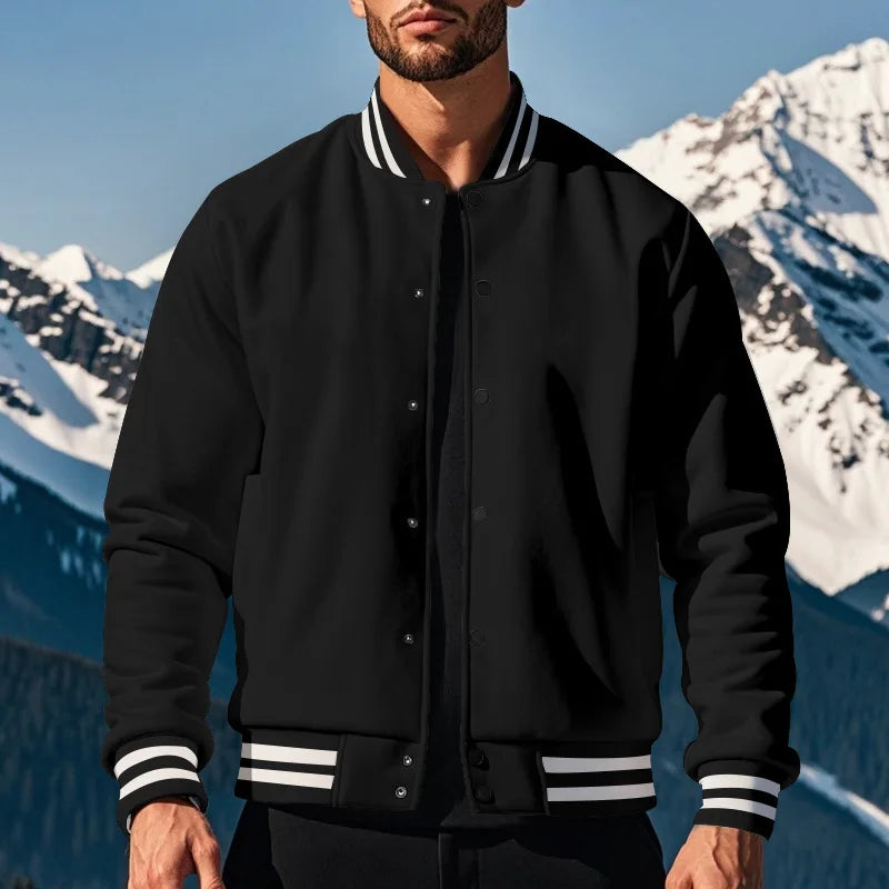 Men's Varsity Baseball Jacket Ribbed Collar Button Down Long Sleeve Loose Fit Casual Streetwear Bomber Coat With Pockets