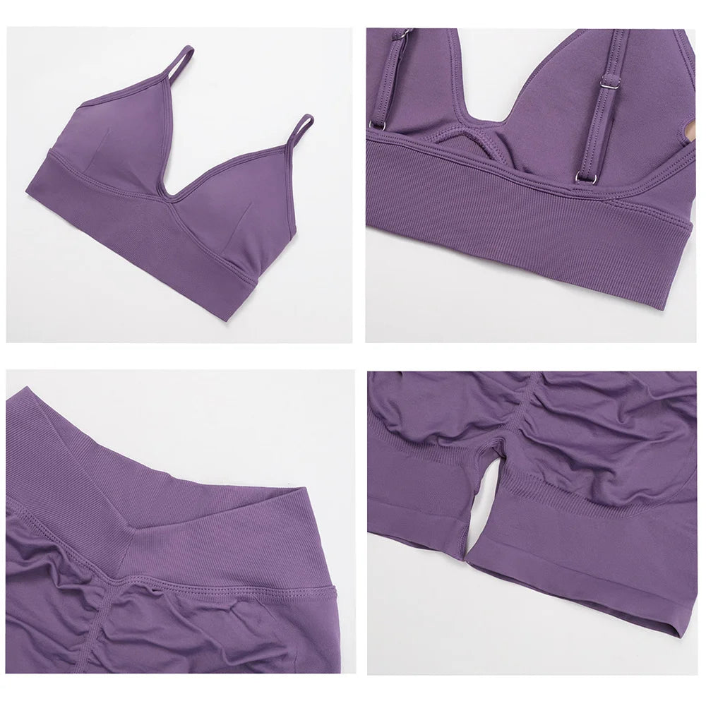 2/3PCS Seamless Yoga Set Gym Workout Athletic Wear Women Legging Fitness Bra Crop Top Long Sleeve Sports Shorts Activewear XP272