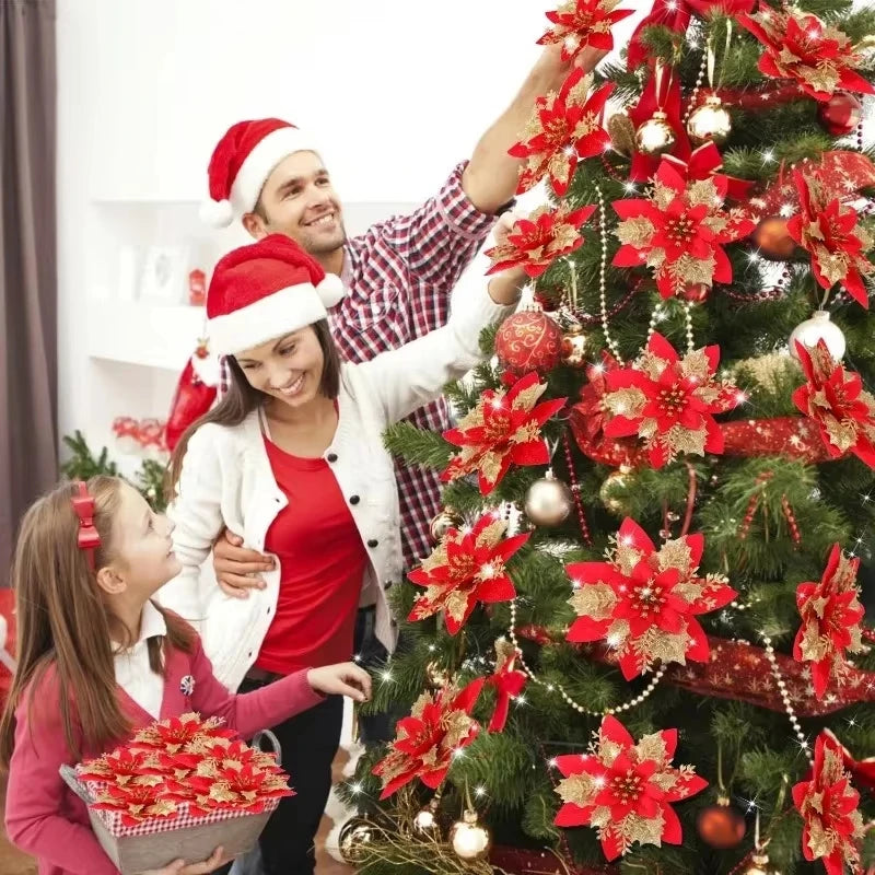 50/10PCS Artificial Glitter Christmas Flowers with Clips Red Gold Poinsettia Fake Ornament DIY Xmas Tree New Year Party Decora