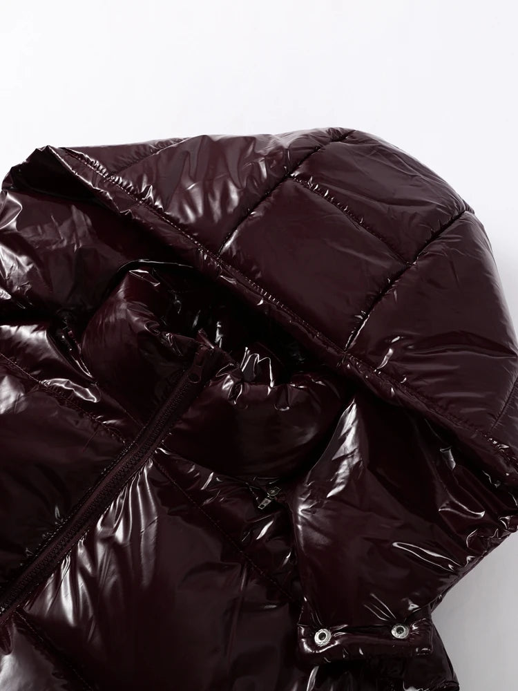 Women Solid Hooded Glossy Padded Jacket Long Sleeve Stand Zipper Fluffy Warm Coat Autumn Winter 2025 Chic Casual Street Jackets