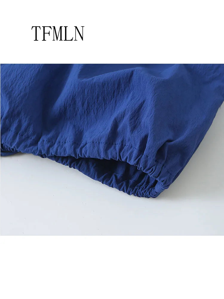 TFMLN Vintage Blue Single Breasted Jackets For Women 2026 Autumn New Chic Causal Folds Sleeve Stand Collar Coats High Street Top