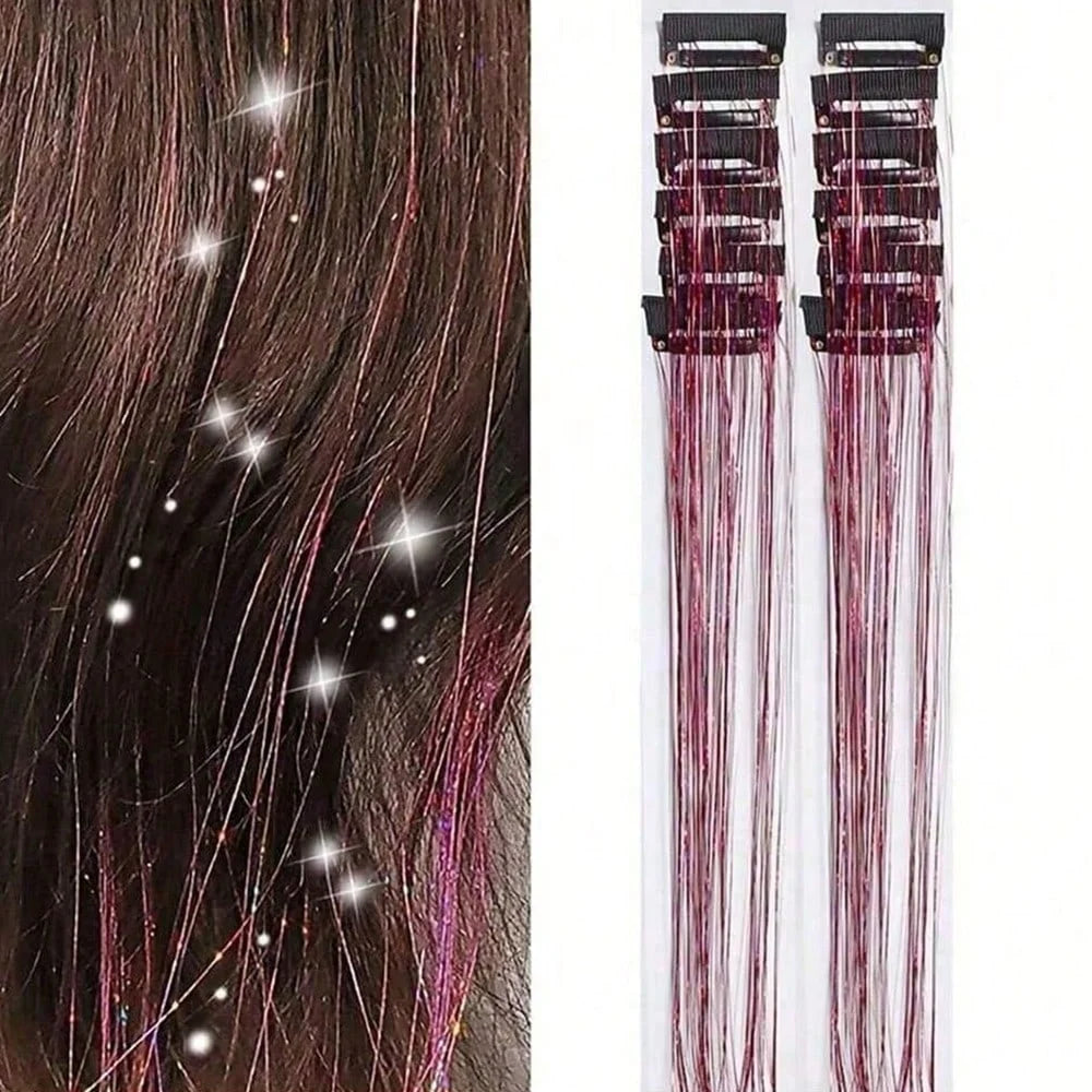 12Pcs Hair Tinsel Clip In 19.7" Glitter Tinsel Hair Extensions Synthetic Clip In Sparkle Hair Accessories For Kids Girls Women