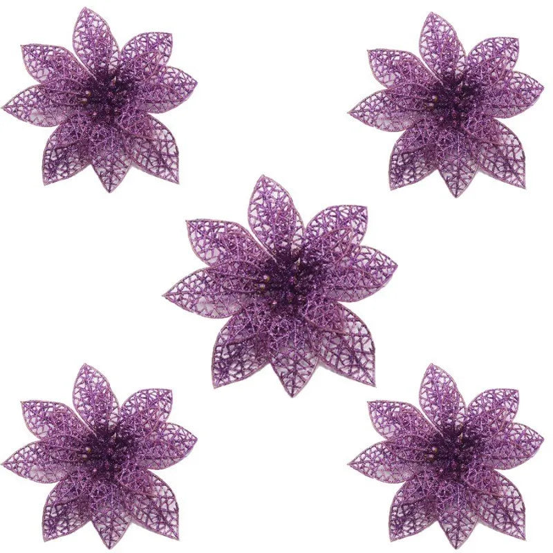5Pcs Christmas Glitter Poinsettia Flowers Artificial Berry Christmas Tree Ornament for Xmas Wreath Floral New Year 2026 Decor