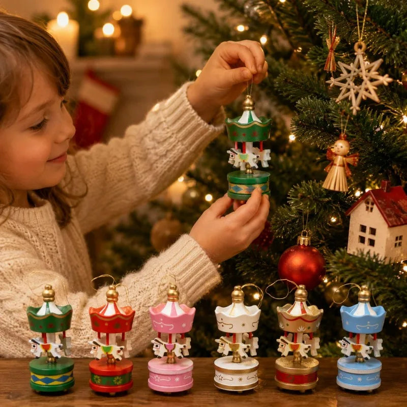 Xmas Carousel Hanging Pendant Wooden Carousel with Hanging Cord Christmas Tree Decorations Holiday Gifts Wooden Horse Ornament