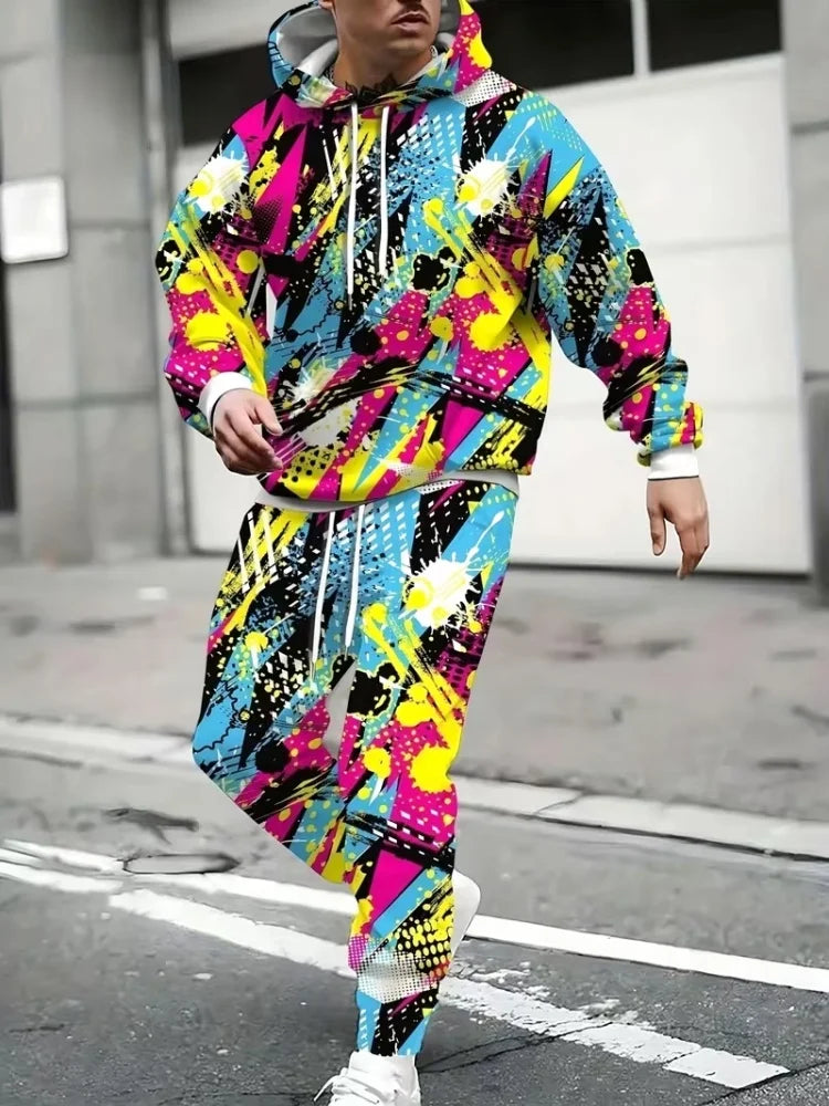 Men 2 Piece Tracksuit Colorful Graffiti Full Print Hoodie Sweatshirt Jogger Pants Set Loose Hip Hop Streetwear Sports Outfits