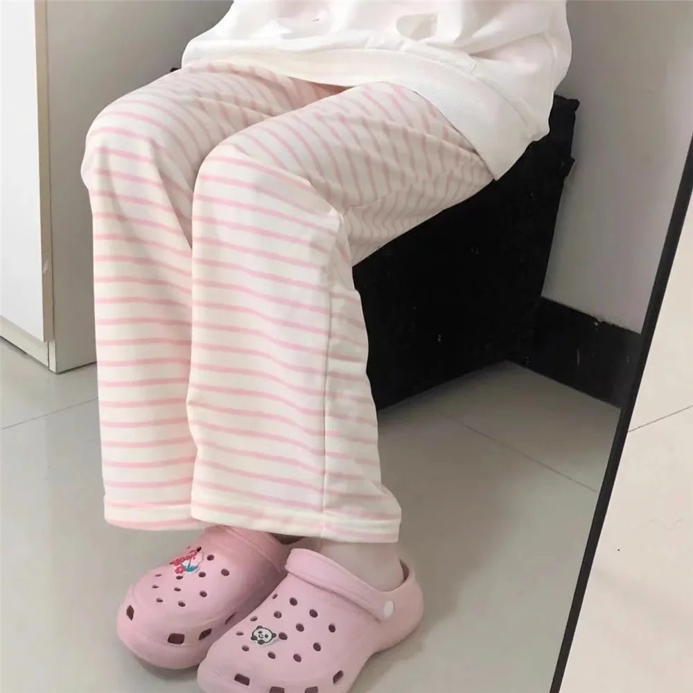 Cute Y2K Striped Pants Women Kawaii Sweet Harajuku Fleece Sports Korean Fashion Sweatpants Girly Basic Cartoon Japanese Trousers