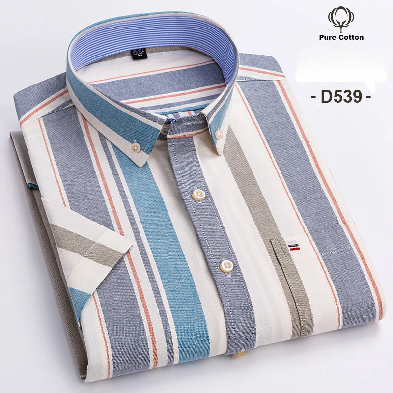 Plus Size 7XL Summer Short Sleeve Shirt 100%Cotton Shirts for Men White Plaid Striped Social Slim Fit Formal Business Clothing