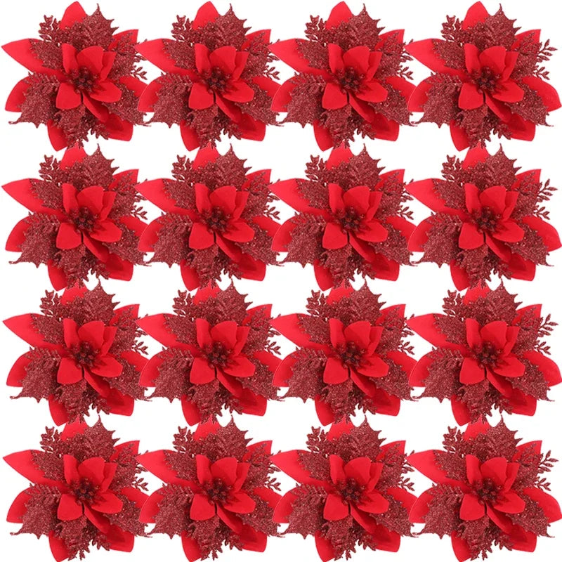 50/10PCS Artificial Glitter Christmas Flowers with Clips Red Gold Poinsettia Fake Ornament DIY Xmas Tree New Year Party Decora