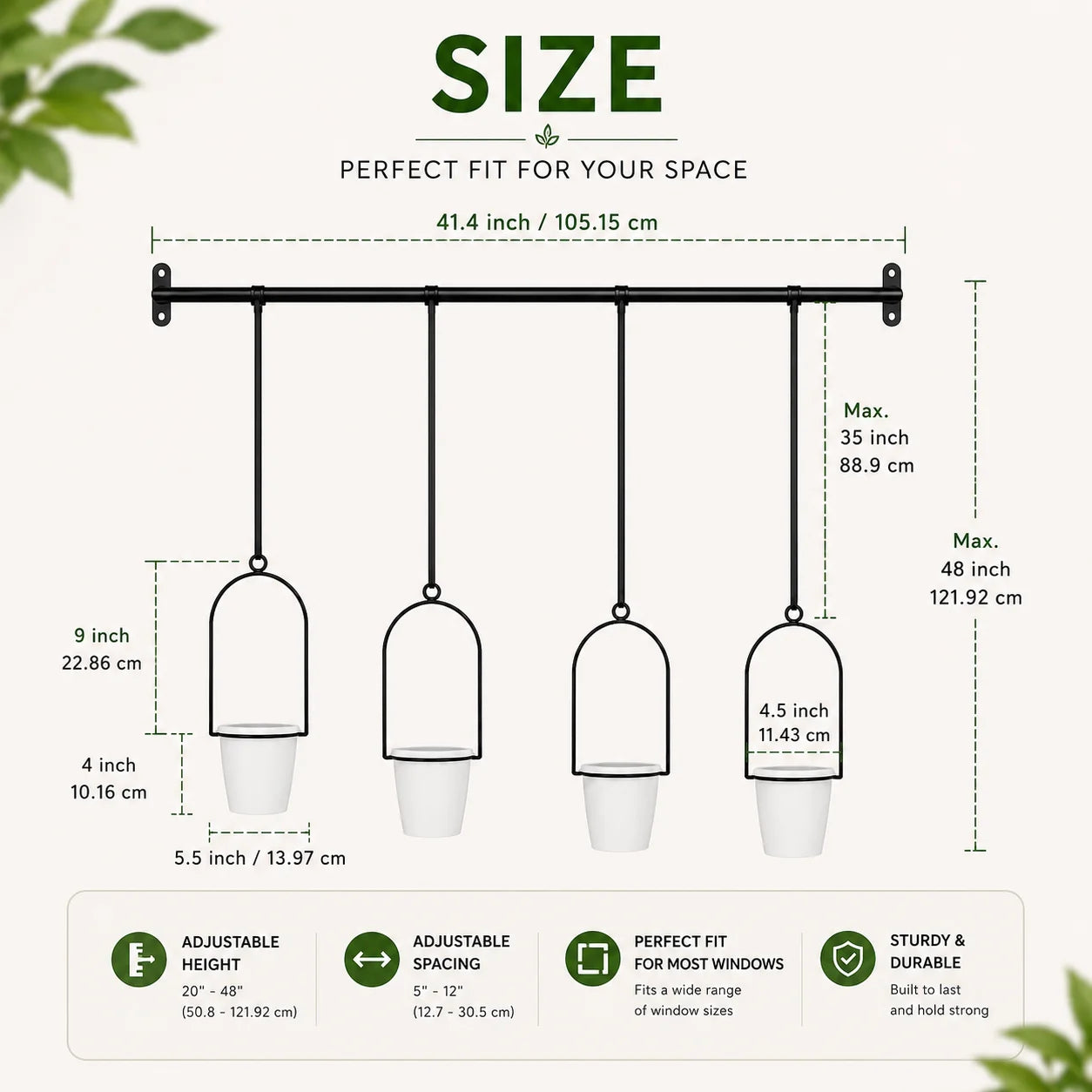Adjustable Hanging Window Planter with 4 Pots, 41 Inch Wall Mounted Metal Plant Hanger, Space Saving Indoor Herb Garden Hanging Plant Rack for Kitchen, Balcony, Living Room & Home Decor