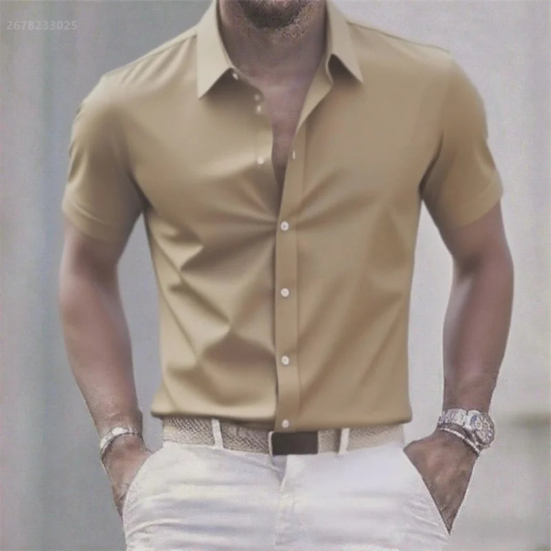 Solid color men's casual shirt, fashionable casual short sleeve stretch fabric, business formal shirt, comfortable fabric