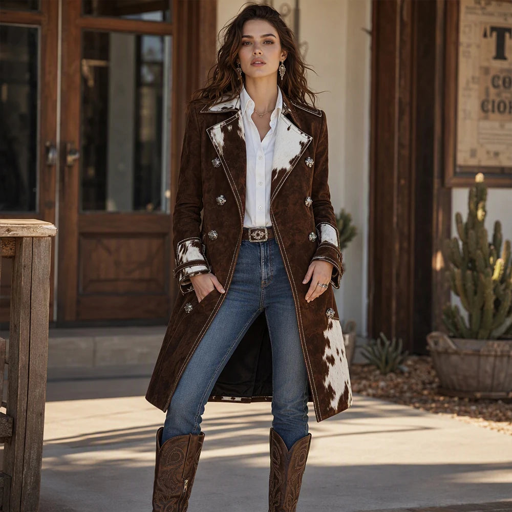 Women Western Cowboy Style Long Trench Coat Cow Print Patchwork Double Breasted Lapel Collar Suede Mid‑Length Outerwear