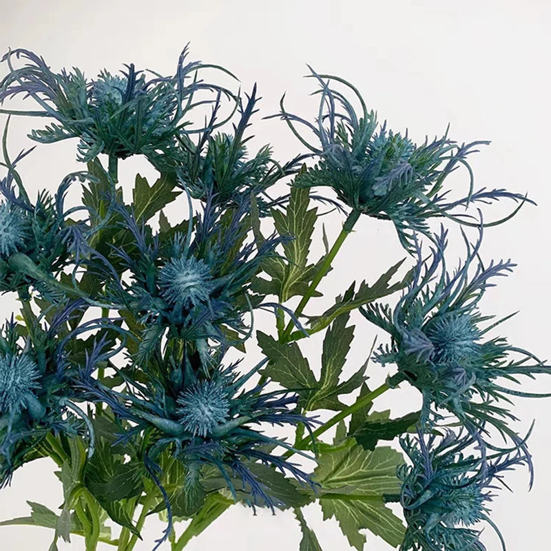 Simulation Plastic Flower Sea Holly 3 Head Thorn Celery Artificial Plants Leaf Home Wedding Christmas Floral Arrangement Bouquet