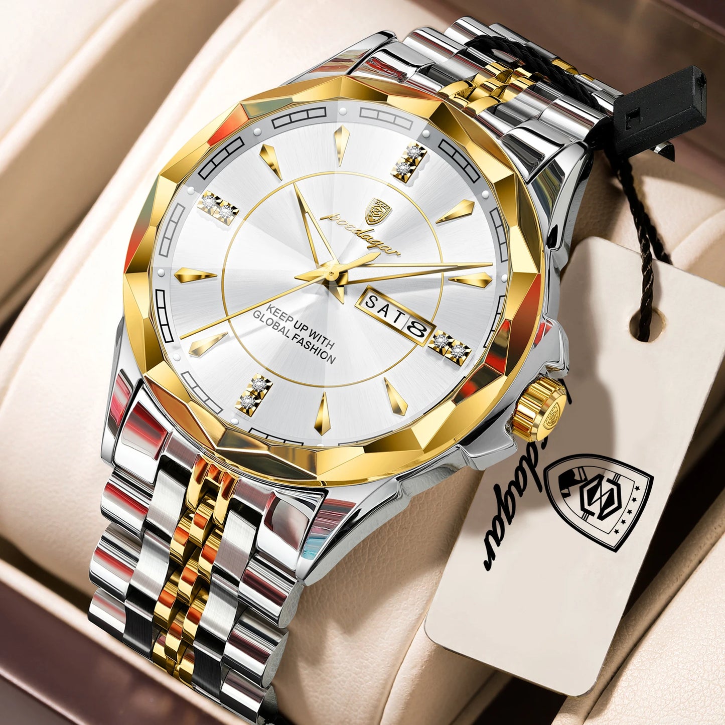 POEDAGAR Top Business Man Wristwatch Waterproof Luminous Luxury Men Clock Date Week Stainless Steel Fashion Men's Quartz Watches